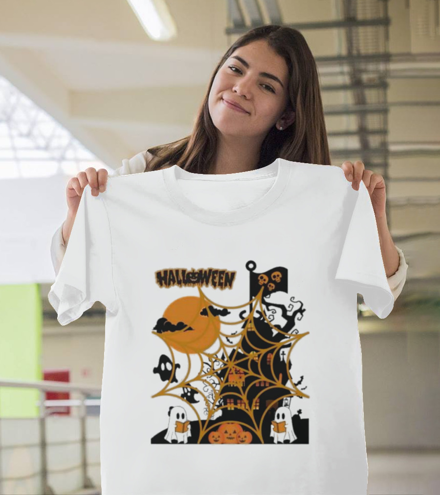 Halloween Spider Web Castle Moon Ghosts Pumpkins T-Shirt