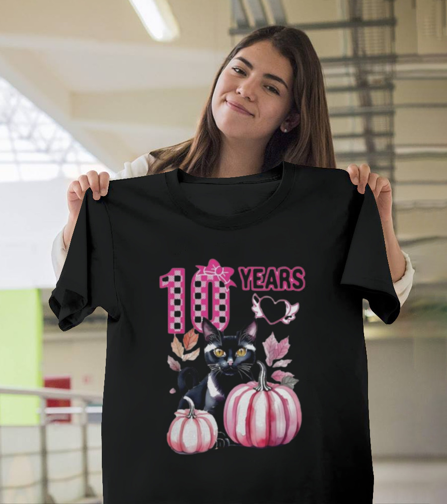 10 Years Black Cat Pink Pumpkin Birthday T-Shirt