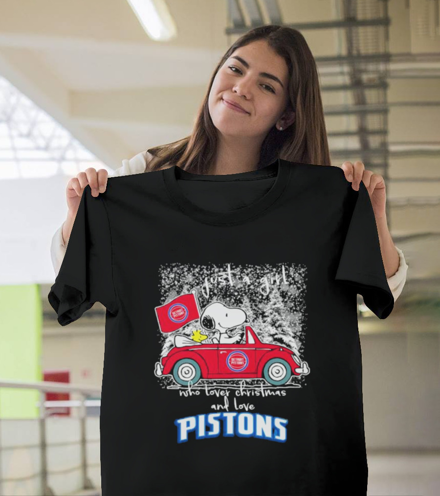 Snoopy And Woodstock Just A Girl Who Loves Christmas And Detroit Pistons T-Shirt