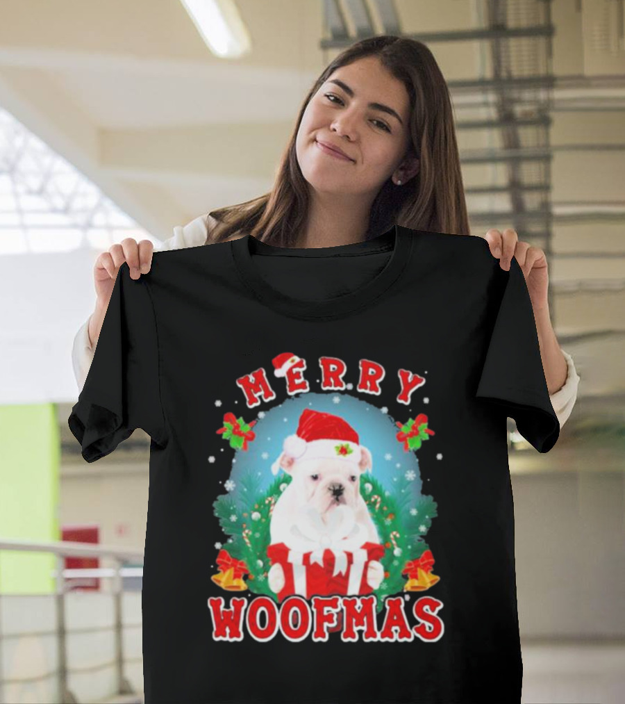 Bulldog in Santa Hat Merry Woofmas with Gifts and Bells T-Shirt