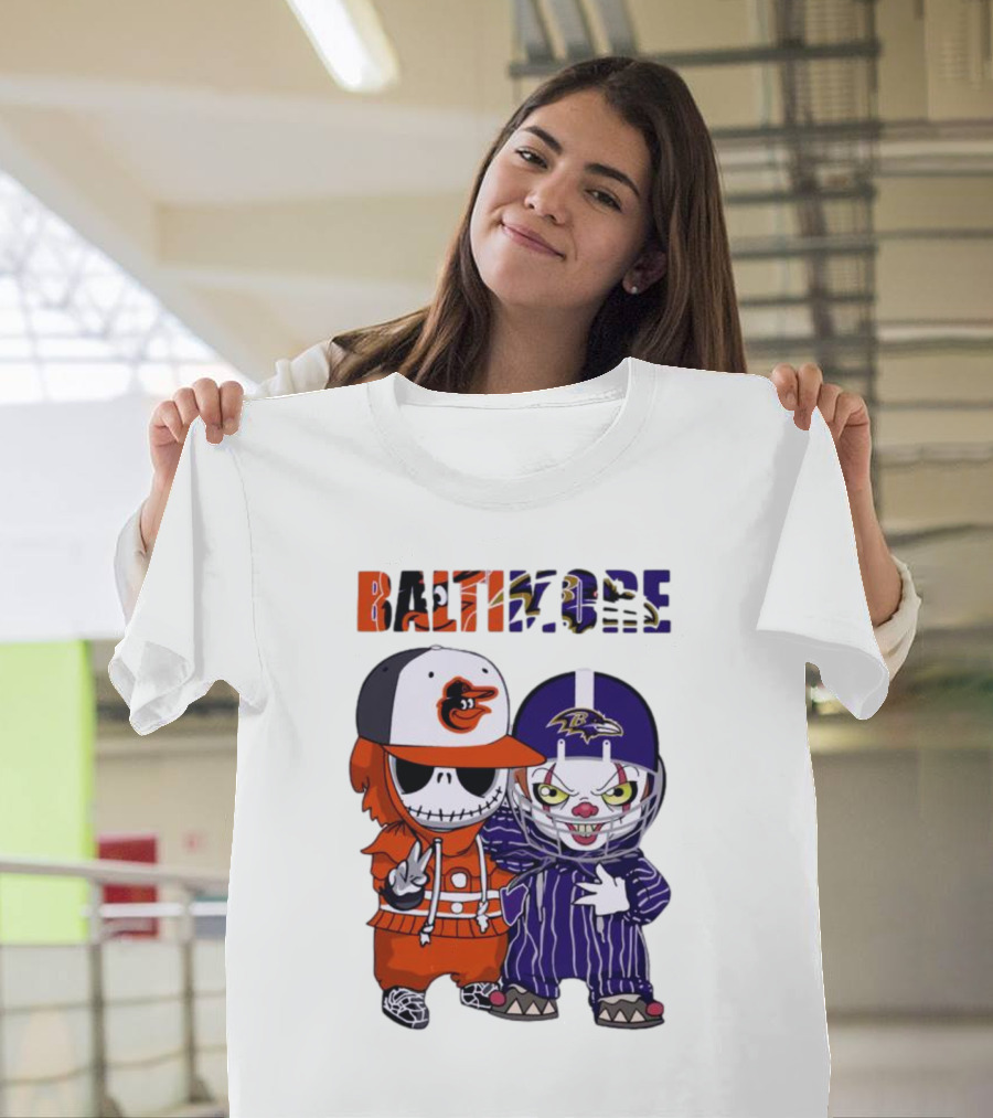 Baby Jack Skellington Pennywise Mashup Baltimore Orioles Ravens Halloween T-Shirt