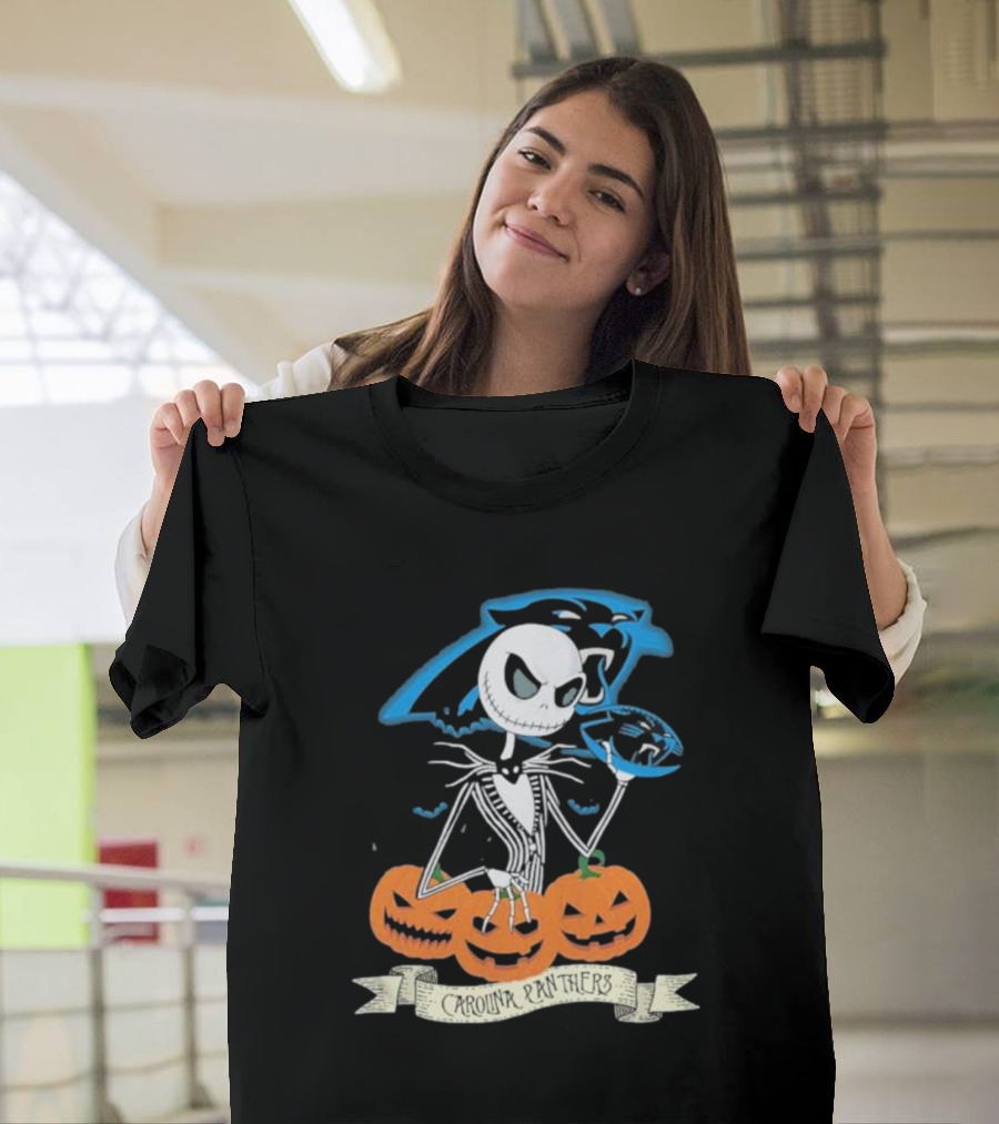 NFL Carolina Panthers Jack Skellington Halloween Football Pumpkins T-Shirt