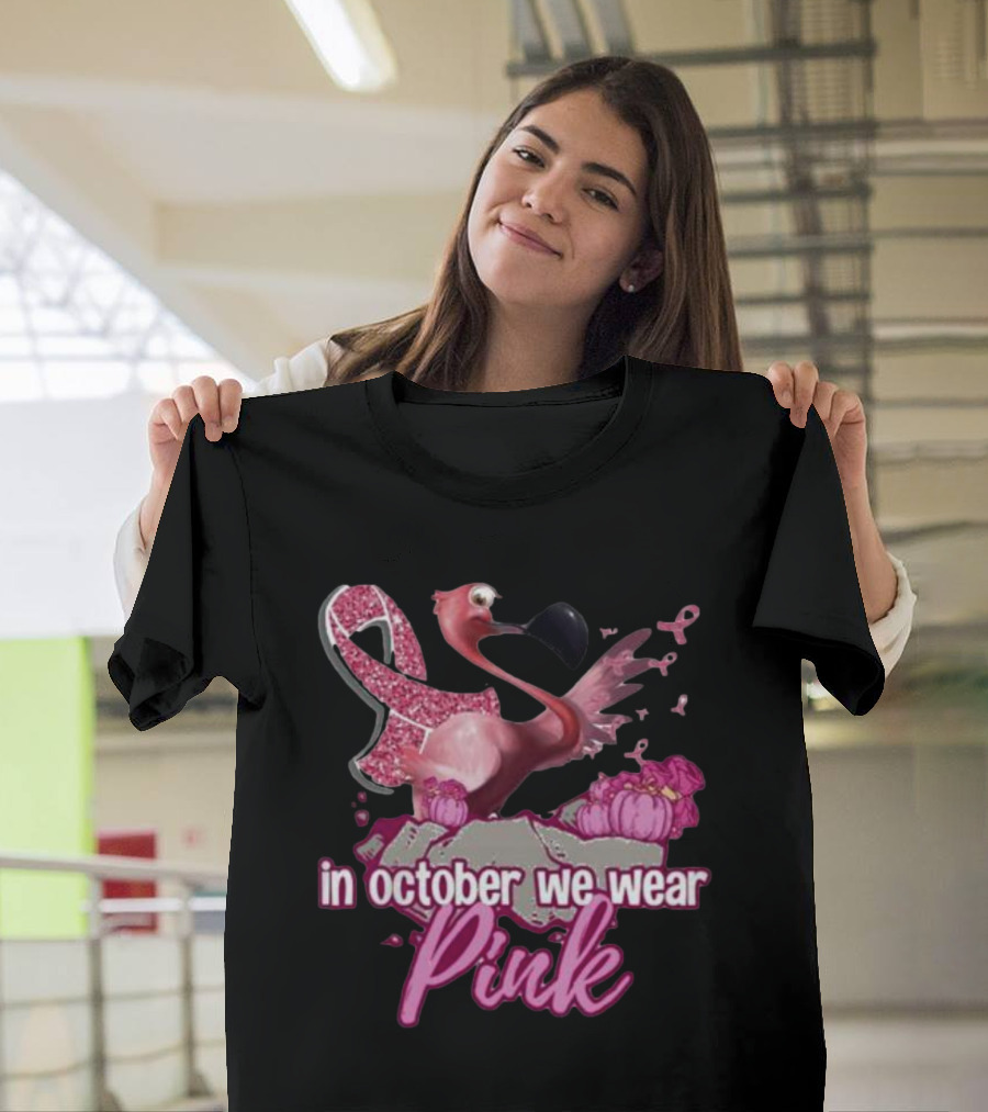 In October We Wear Pink Flamingo Breast Cancer Awareness Halloween T-Shirt