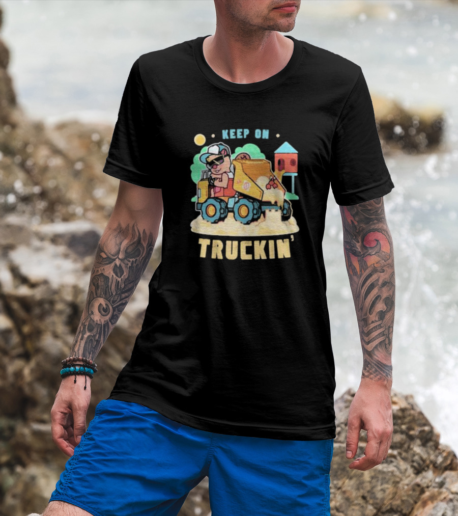 Keep On Truckin’ Cartoon Dog Driving Dump Truck With Doghouse And Sun T-Shirt