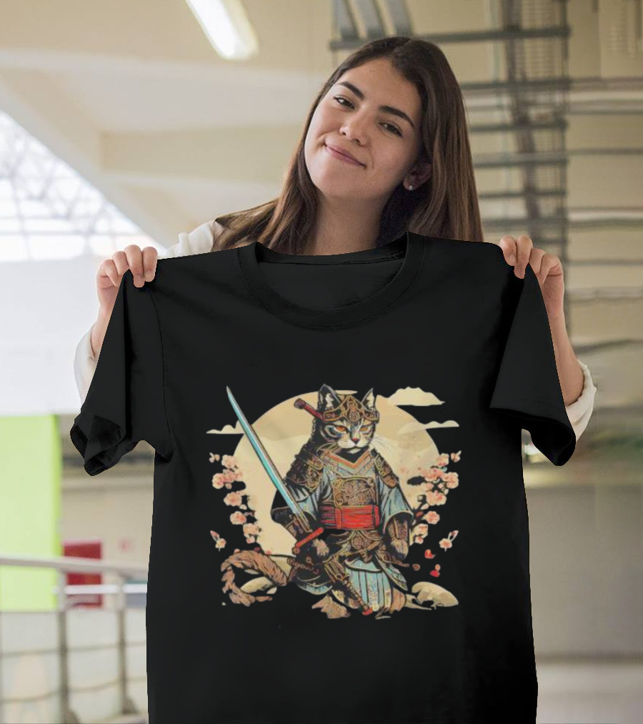 Samurai Cat Japanese Ninja Warrior Cherry Blossom Moon Warrior T-Shirt