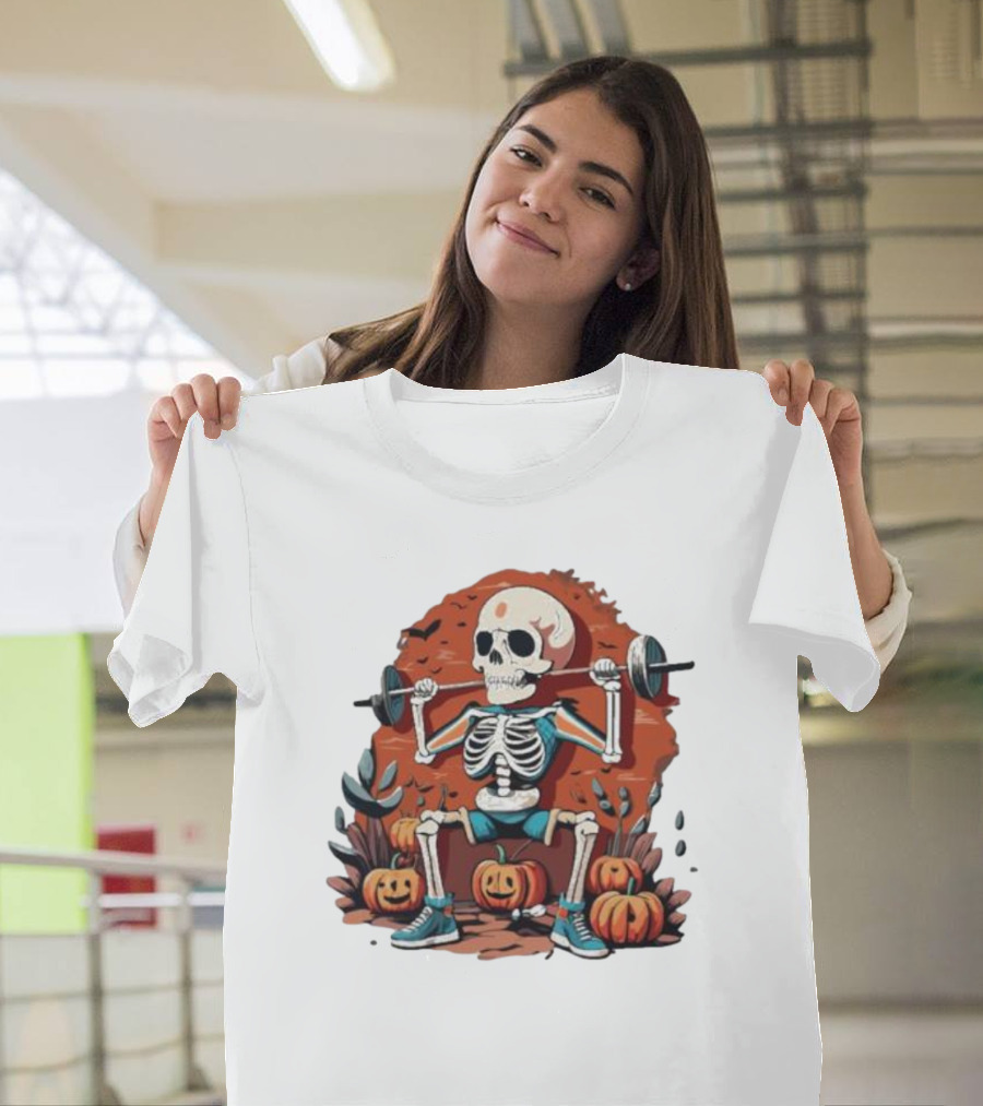 Skeleton Lifting Weights With Pumpkins Halloween Fitness T-Shirt