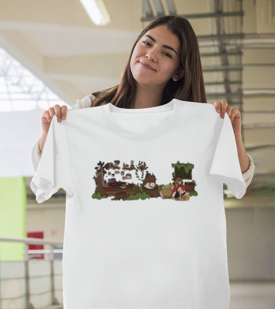 Woodlands Snifferish X Pop Cozy Cottage Scene with Greenery and Logs T-Shirt