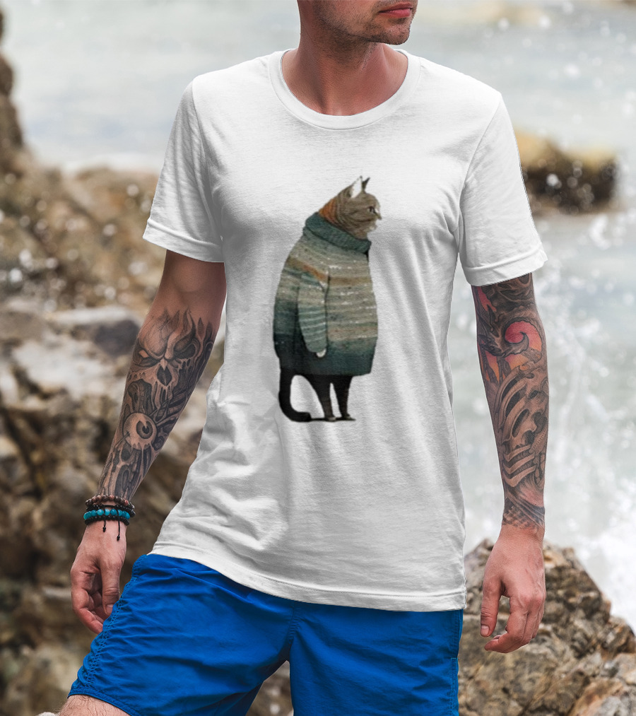 Women’s Winter Cat In Cozy Sweater Print T-Shirt