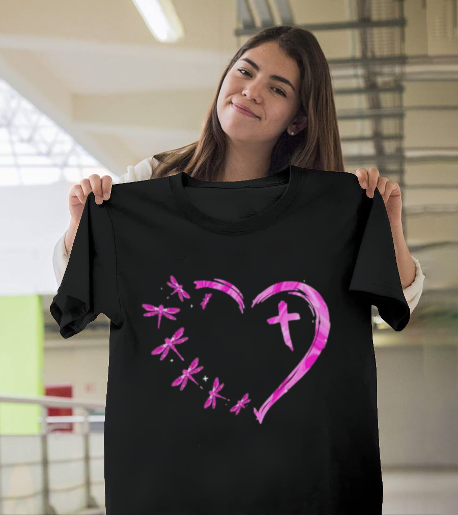 Dragonfly Pink Diamond Heart Cross Motif T-Shirt