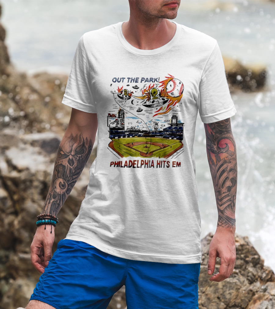 Out The Park Philadelphia Hits 'Em Alien Baseball Explosion T-Shirt