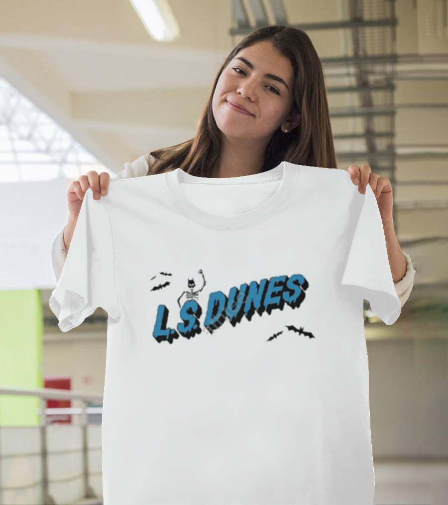 L.S. Dunes Spooky Skeleton Bats Blue Text T-Shirt