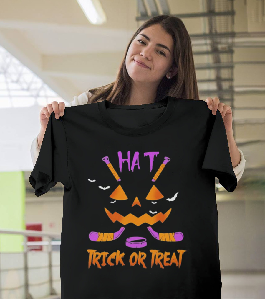 Hockey Hat Trick Or Treat Halloween Pumpkin With Hockey Sticks T-Shirt