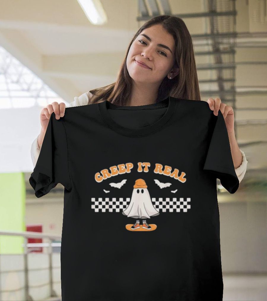 Creep It Real Ghost Skater Halloween Checkerboard Bats T-Shirt