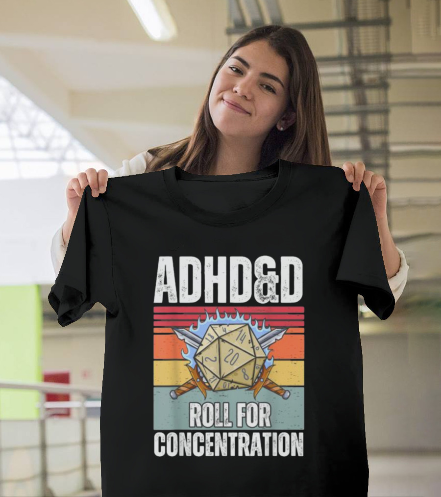 ADHD&D Roll For Concentration Retro Dice Sword Gamer T-Shirt
