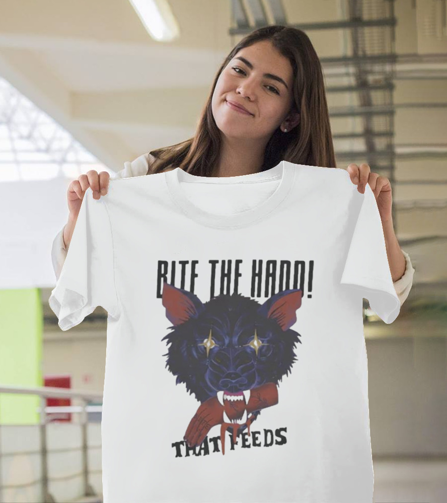 Bite The Hand That Feeds Wolf with Starry Eyes and Bleeding Hand T-Shirt