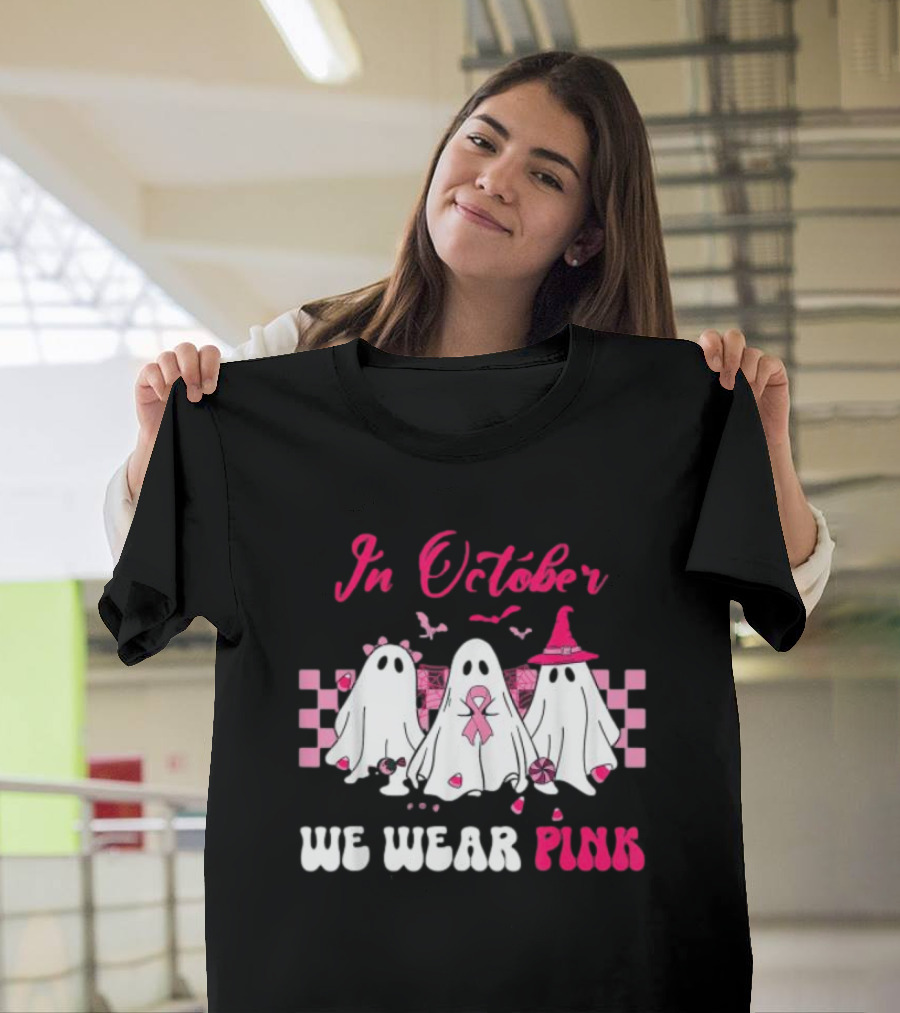 In October We Wear Pink Breast Cancer Ghost Halloween Groovy T-Shirt