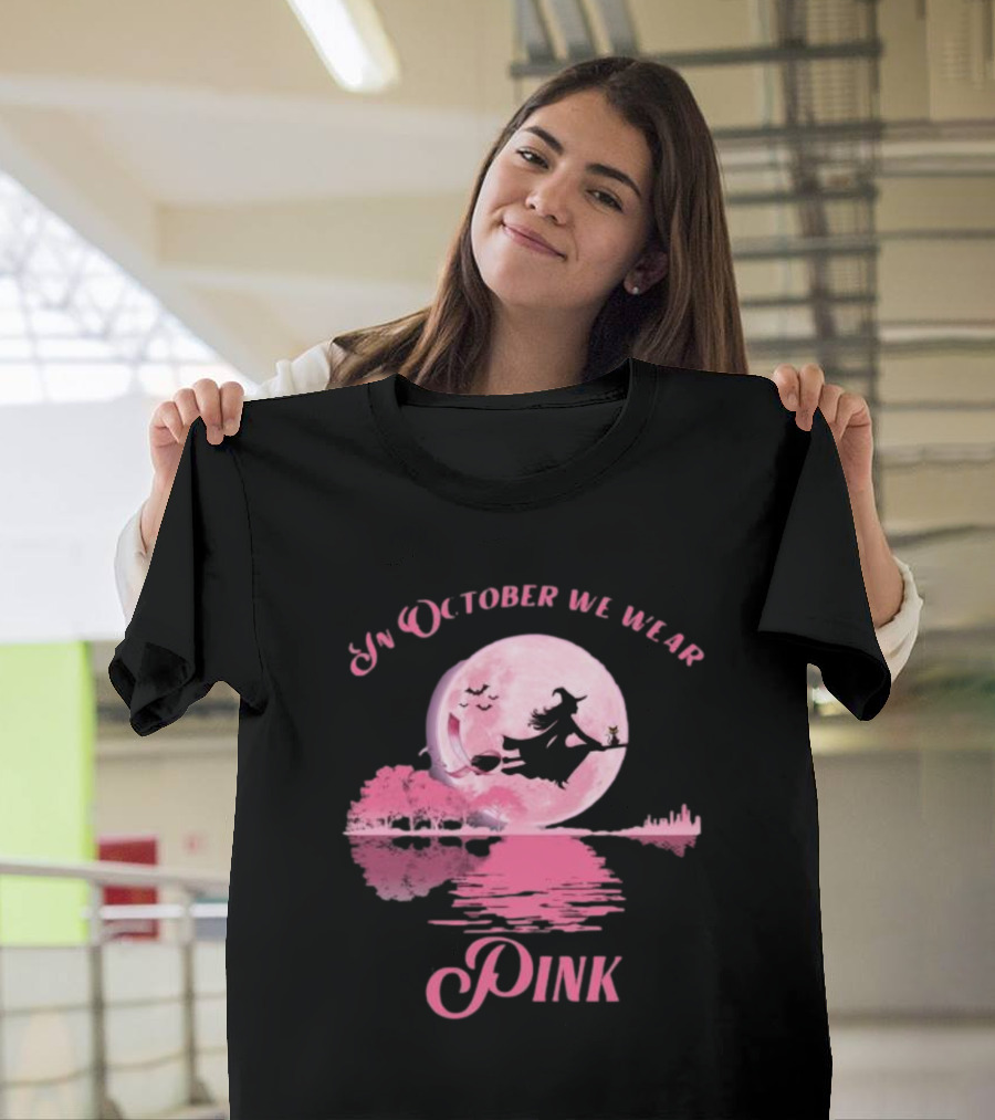 In October We Wear Pink Witch Halloween Moon Breast Cancer Awareness T-Shirt