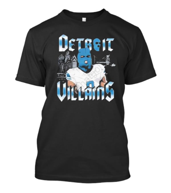 Detroit Villains Football Blue Masked Player Featuring City Skyline T-Shirt