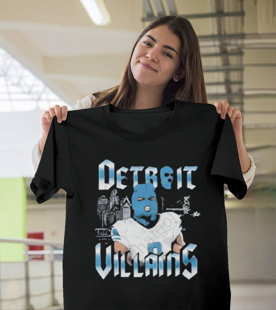 Detroit Villains Football Blue Masked Player Featuring City Skyline T-Shirt