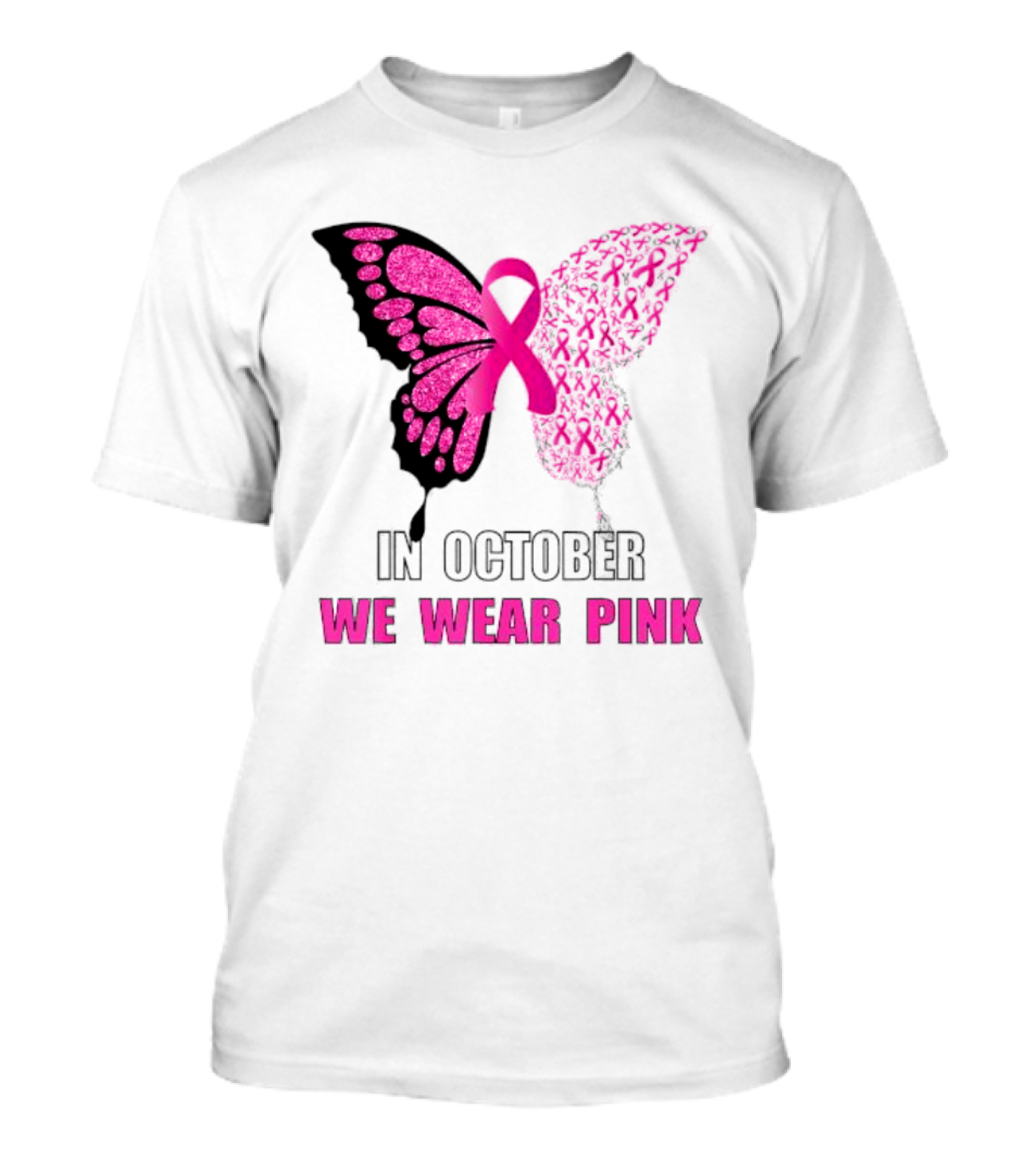 In October We Wear Pink Butterfly Ribbon Breast Cancer Awareness T-Shirt