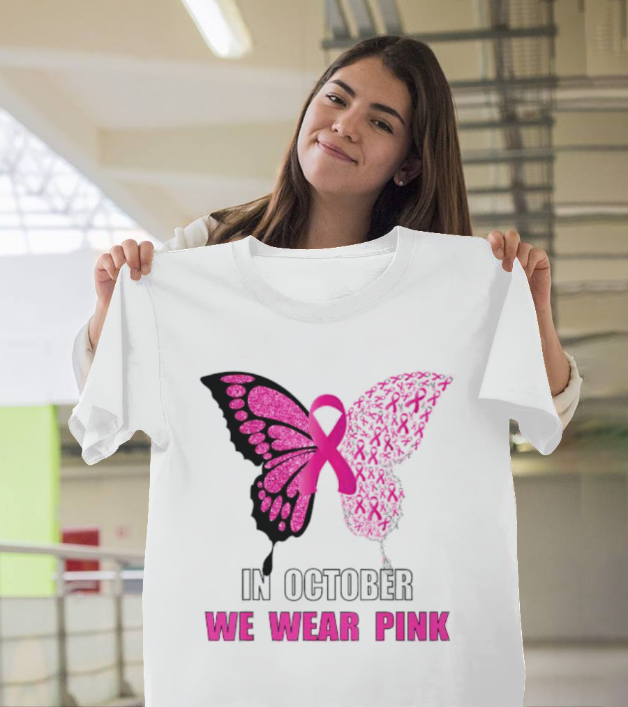 In October We Wear Pink Butterfly Ribbon Breast Cancer Awareness T-Shirt