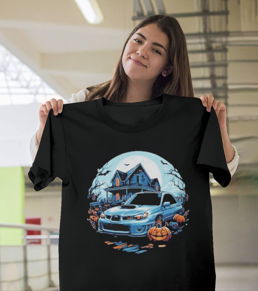 The Car Scene Network Halloween Haunted House With Pumpkins And Bats T-Shirt