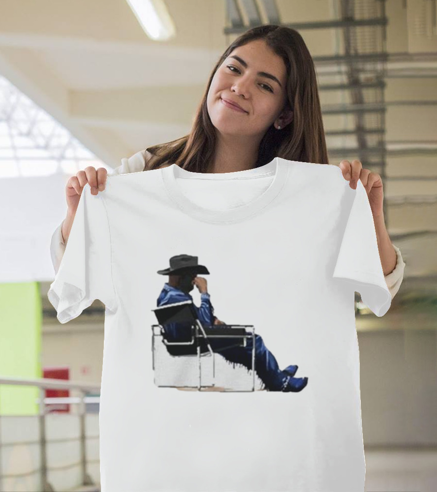 Bad Bunny Sitting Cowboy Chair Black Hat Blue T-Shirt