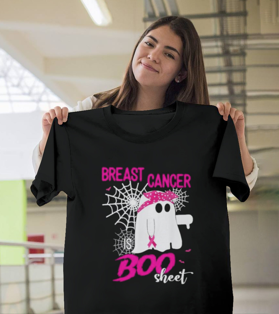 Breast Cancer Is Boo Sheet Halloween Ghost with Pink Ribbon and Spider Webs T-Shirt