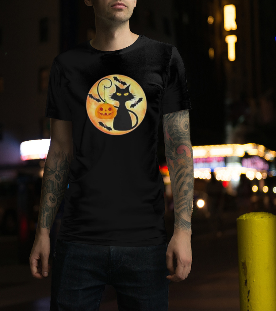 Funny Pumpkin Black Cat Halloween Witch Bat Moon T-Shirt