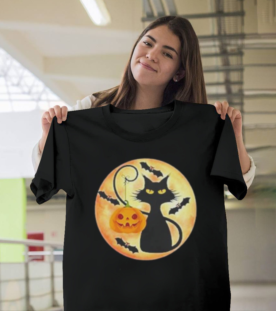 Funny Pumpkin Black Cat Halloween Witch Bat Moon T-Shirt