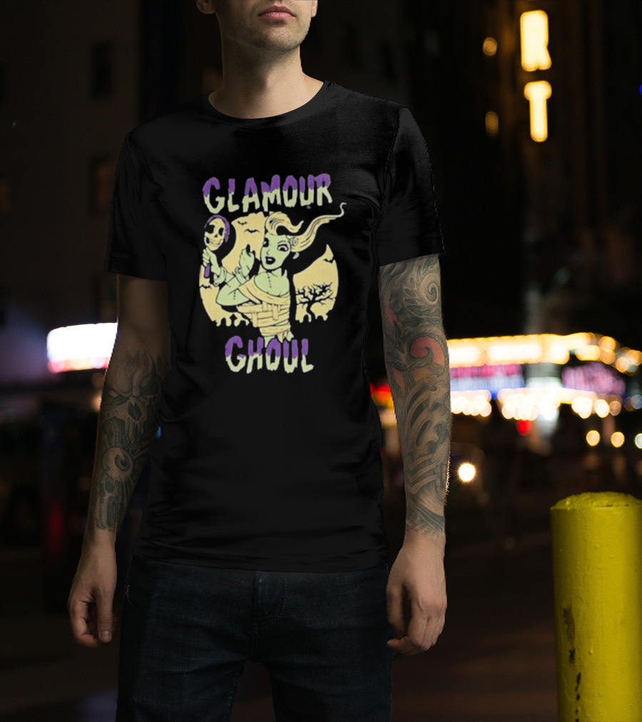 Glamour Ghoul Halloween Monster Retro Skeleton Mirror Bats Trees T-Shirt