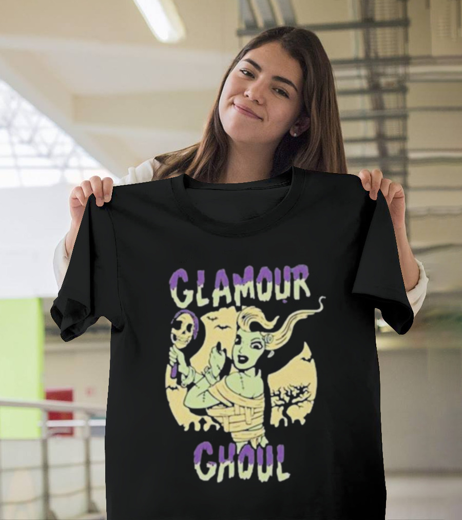 Glamour Ghoul Halloween Monster Retro Skeleton Mirror Bats Trees T-Shirt
