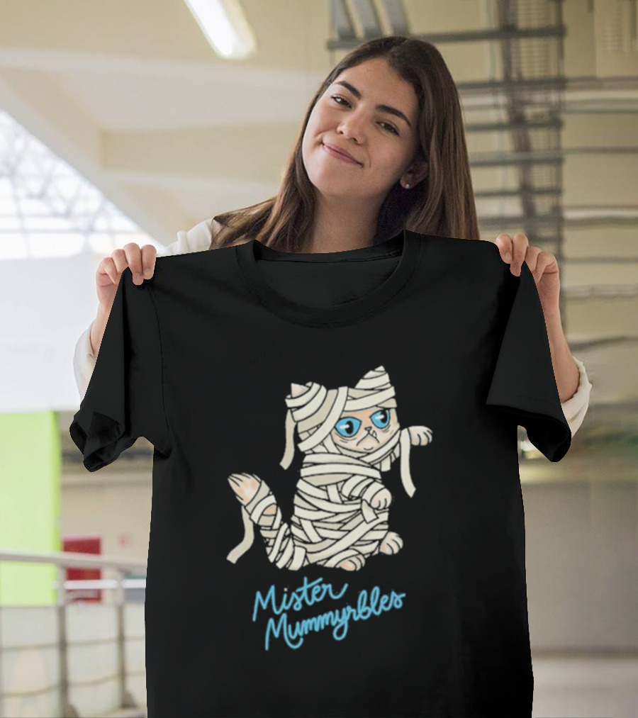 Lilbub Mister Mummyrbles Wrapped Cat With Blue Text T-Shirt
