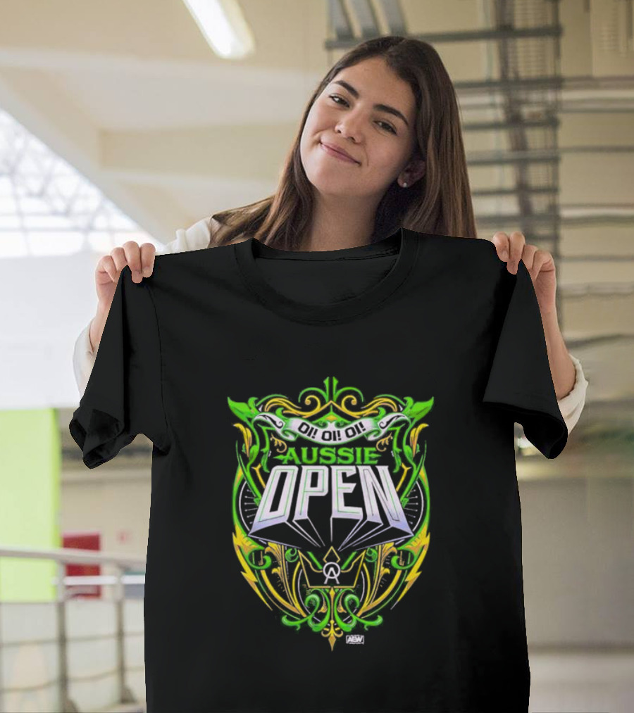Aussie Open Oi Oi Oi AEW Wrestling Emblem Green and Gold T-Shirt
