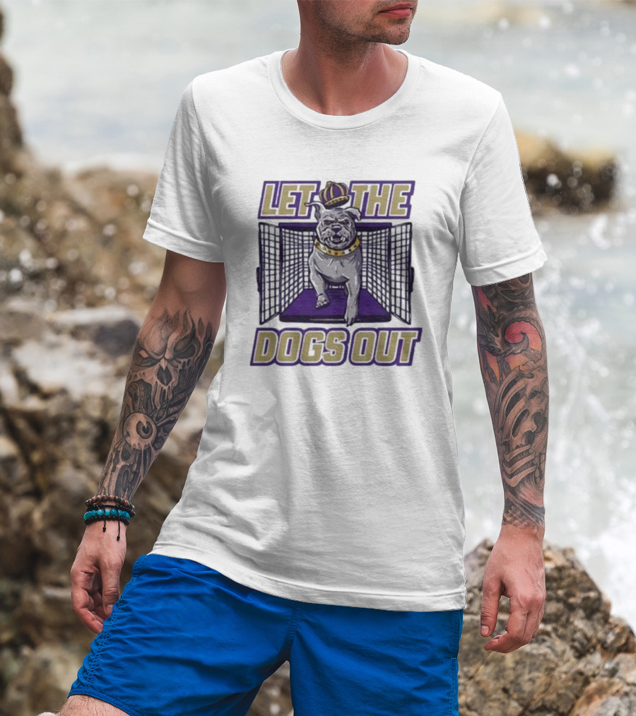LET THE DOGS OUT Bulldog Escaping With Crown From Purple Cage T-Shirt