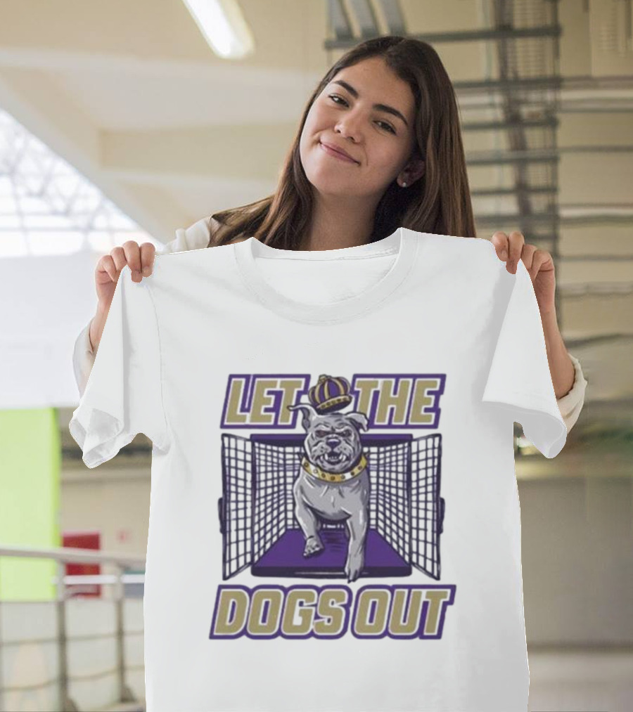 LET THE DOGS OUT Bulldog Escaping With Crown From Purple Cage T-Shirt