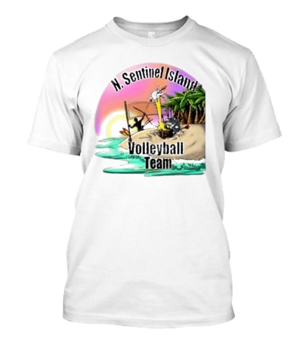 N. Sentinel Island Volleyball Team Sunset Beach Scene With Palms T-Shirt