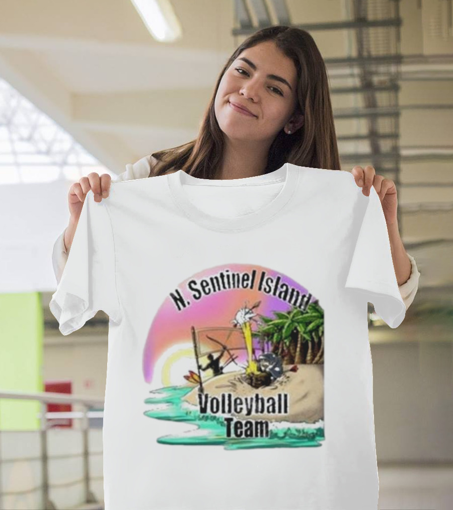 N. Sentinel Island Volleyball Team Sunset Beach Scene with Palms T-Shirt
