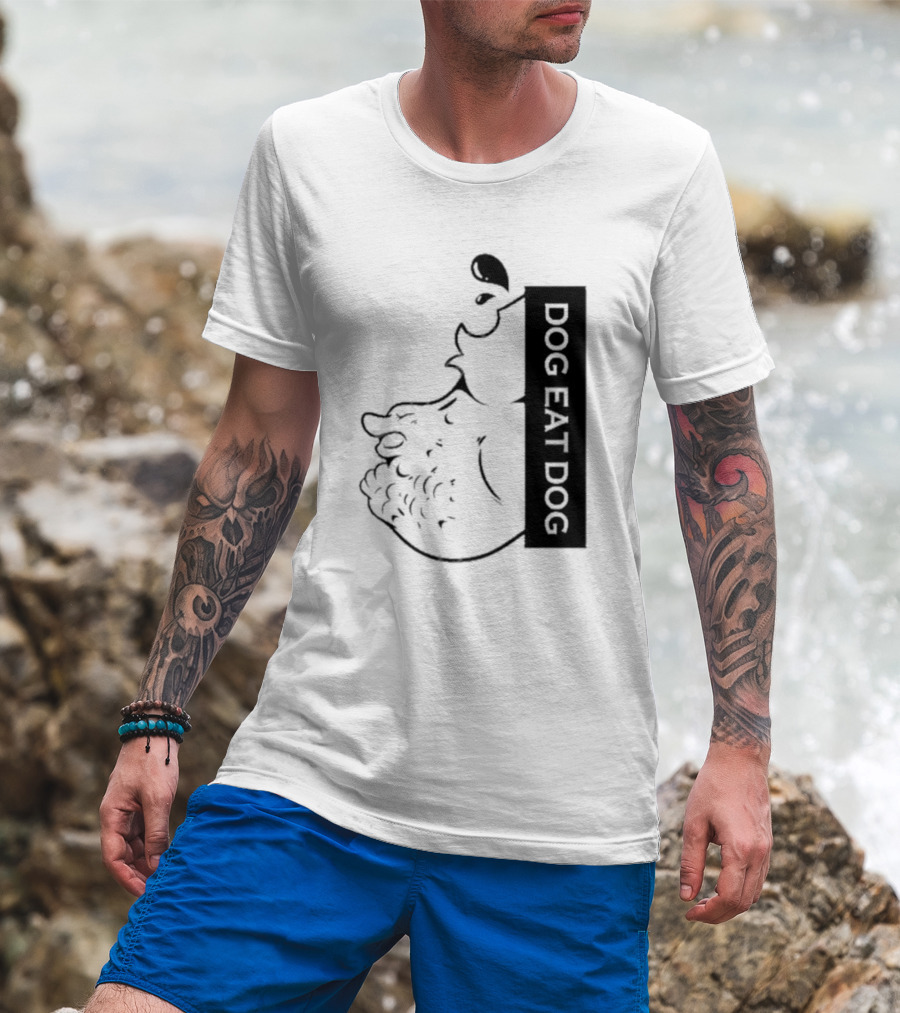 Slosh Dog Eat Dog Vertical Text Graphic With Cartoon Style Dog Outline T-Shirt