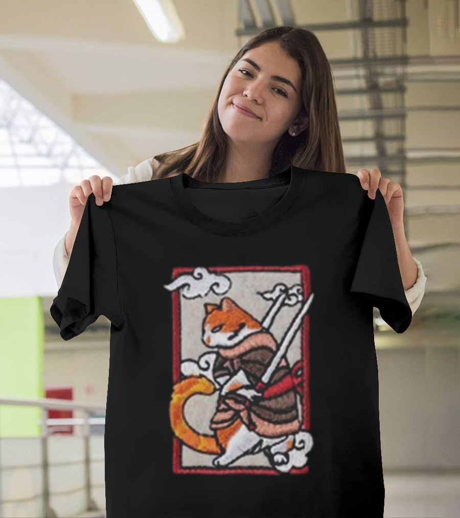 Loky Rain Loky Samurai Cat In Traditional Armor With Swords And Clouds T-Shirt