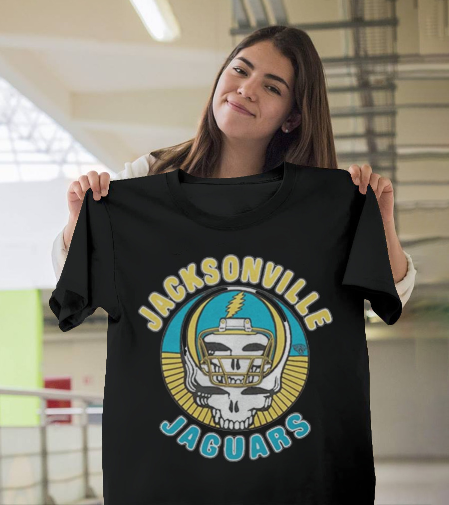 Jacksonville Jaguars Grateful Dead Skull Lightning Bolt Helmet Collaboration T-Shirt
