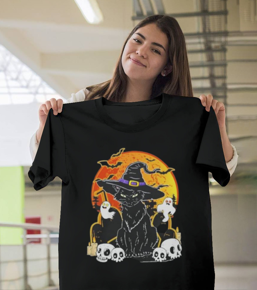 Black Cat Witch Skull Cemetery Blood Moon Halloween Ghosts T-Shirt