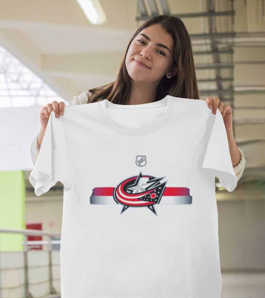 NHL Columbus Blue Jackets Emblem with Red White Blue Stripes T-Shirt