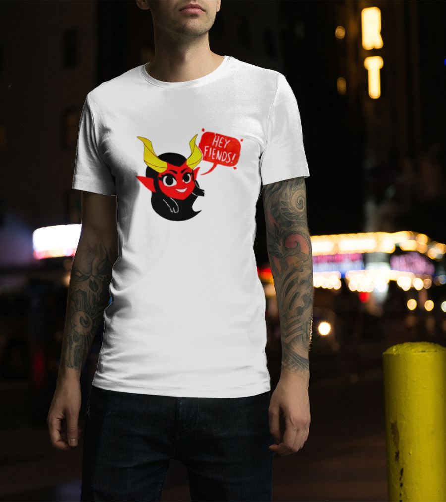 Ginnydi Hey Fiends Demon Cartoon Character With Red Face Yellow Horns And Black Hair T-Shirt