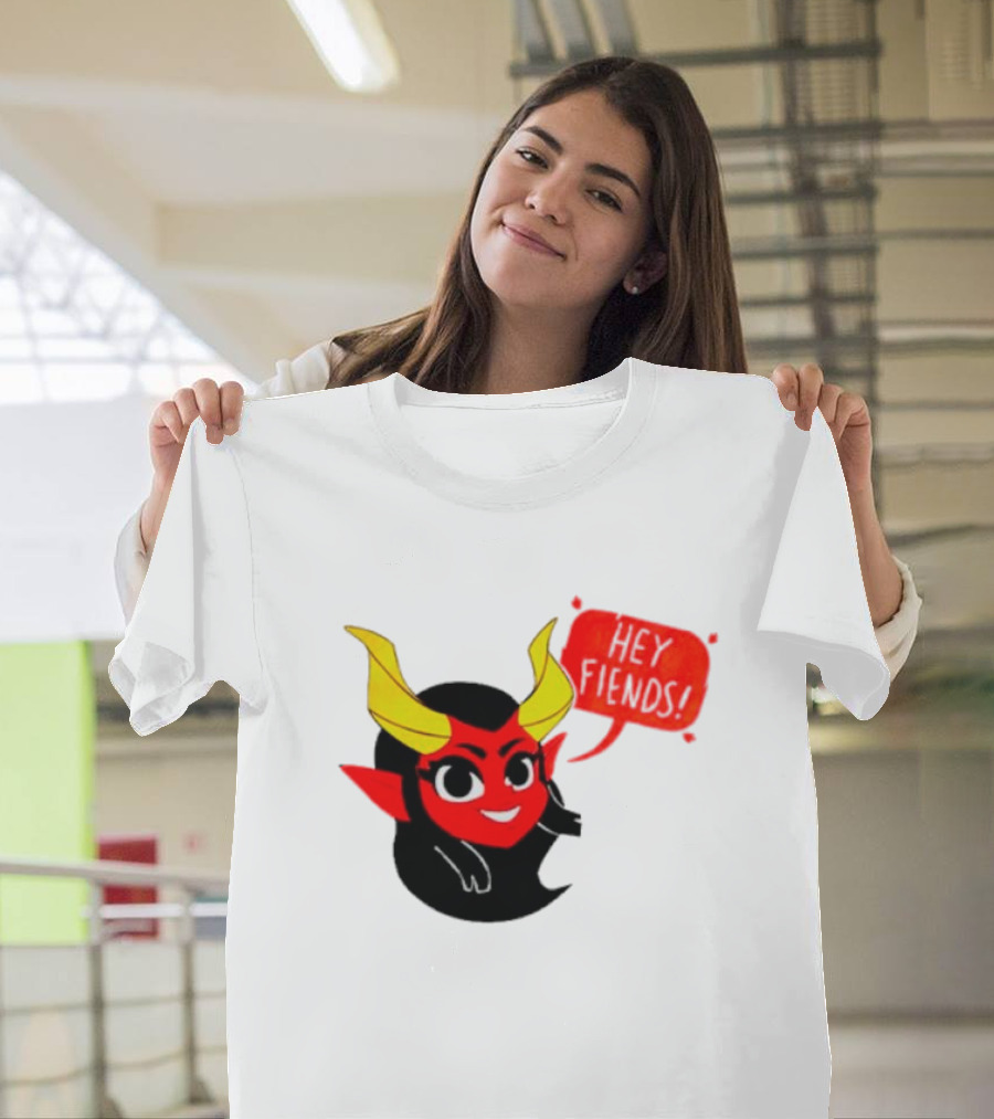 Ginnydi Hey Fiends Demon Cartoon Character With Red Face Yellow Horns And Black Hair T-Shirt