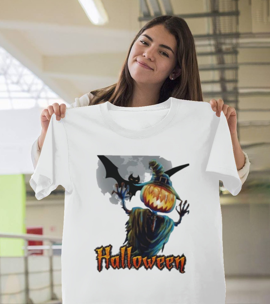 Halloween Horror Witch Straw Man Pumpkins Bat Scary Night T-Shirt