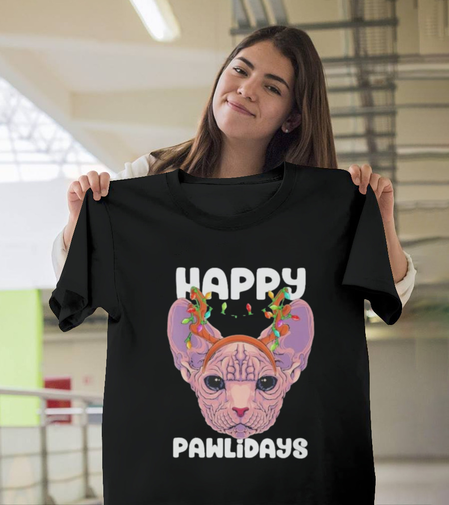 Happy Pawlidays Sphynx Cat With Christmas Lights T-Shirt