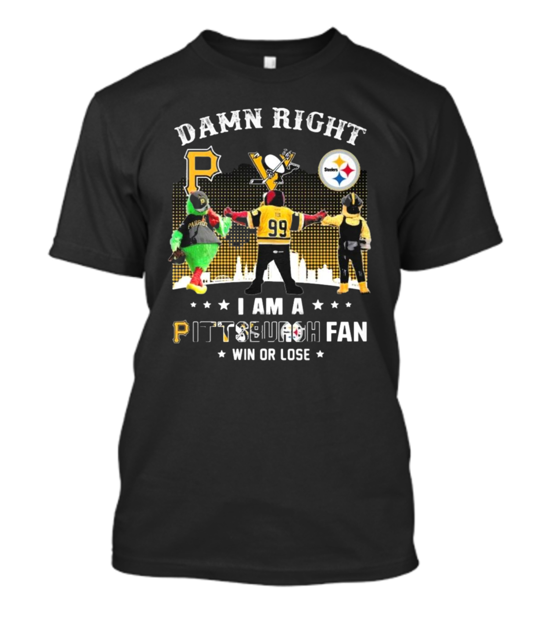 Damn Right I Am A Pittsburgh Fan Win Or Lose Steelers Penguins Pirates T-Shirt