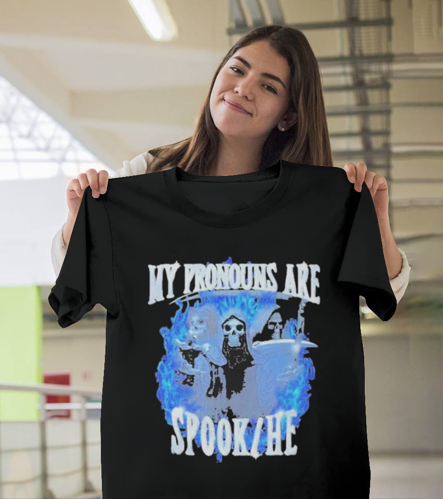 My Pronouns Are Spook He Blue Flames Grim Reaper Trio T-Shirt