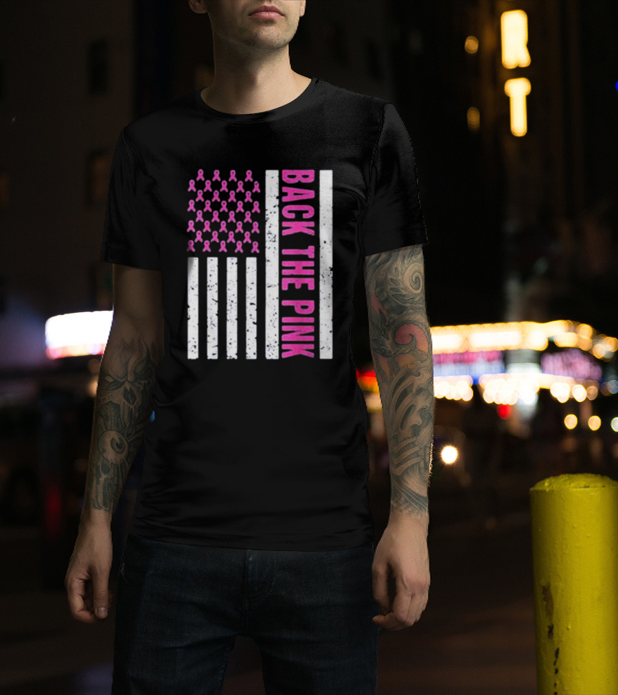 Back The Pink Breast Cancer Awareness American Flag Ribbons T-Shirt
